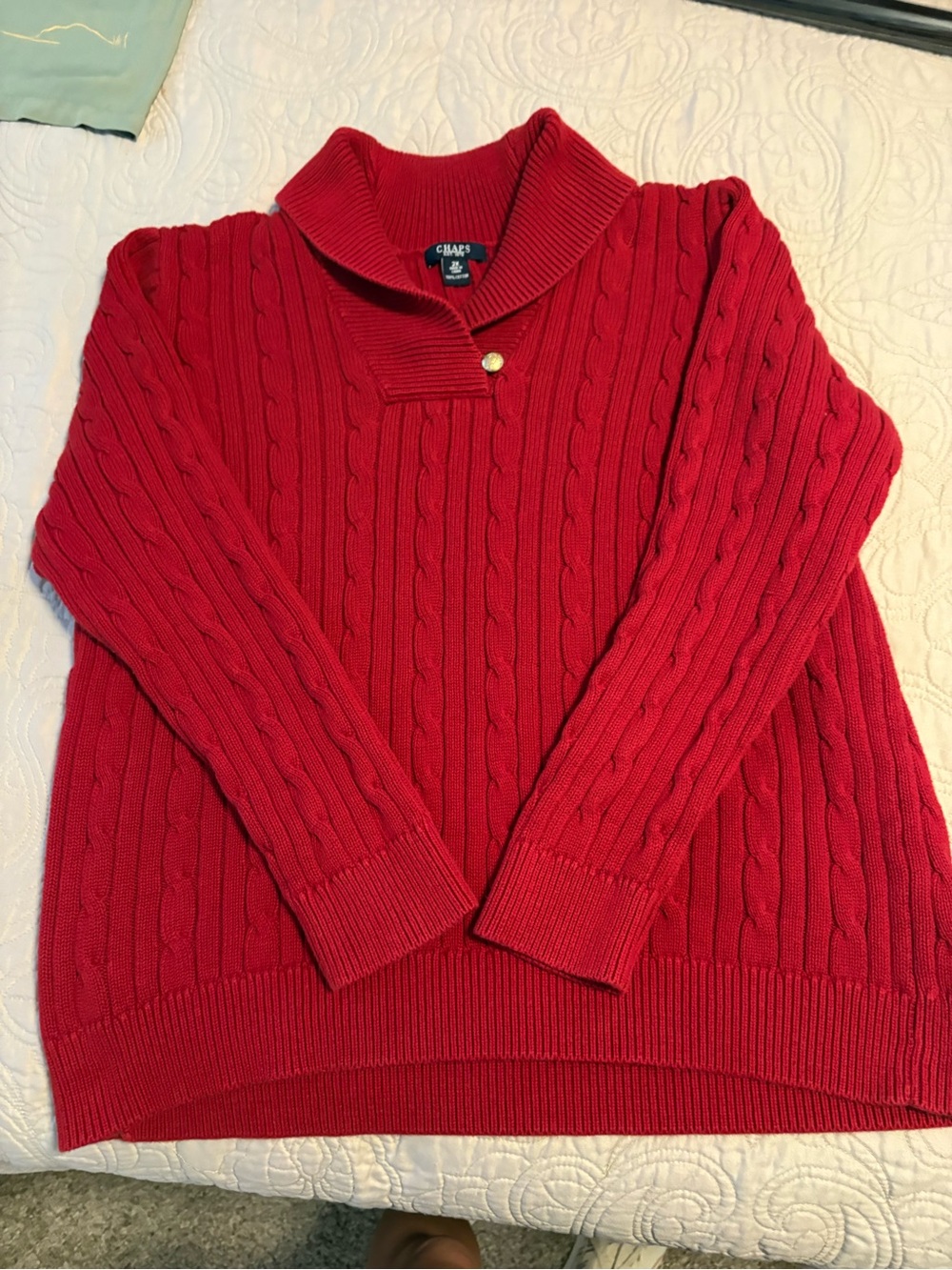 Chaps Red Cable-Knit Shawl Collar Sweater with Button